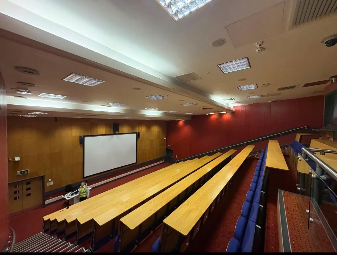 The fully repaired lecture theatre at York St John University after the indoor scaffolding was safely dismantled.